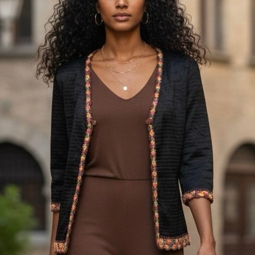 Alberto Malaki Cardigan Black satiny polyester with crochet trim size med